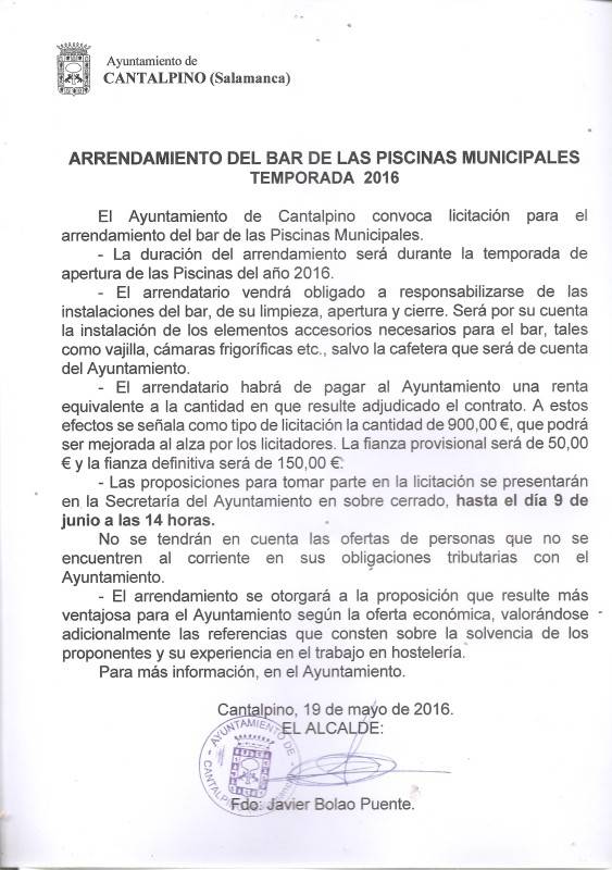 Arrendamiento del bar de las piscinas municipales para la temporada 2016